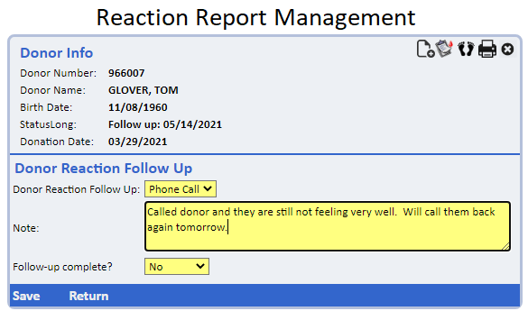 Reaction report management screen